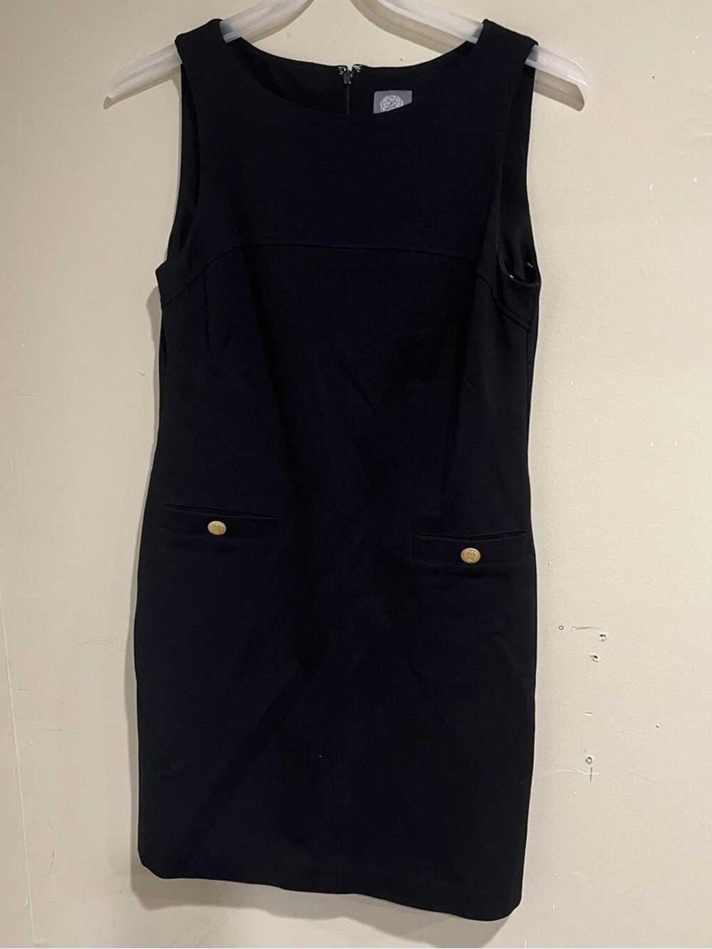 Vince Camuto Black Sleeveless Sheath Dress with Gold Buttons